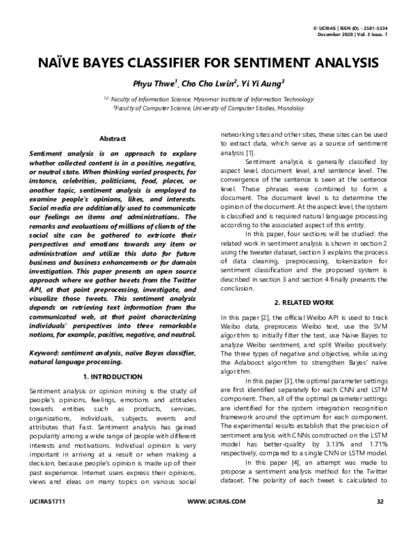 (PDF) NAÏVE BAYES CLASSIFIER FOR SENTIMENT ANALYSIS
