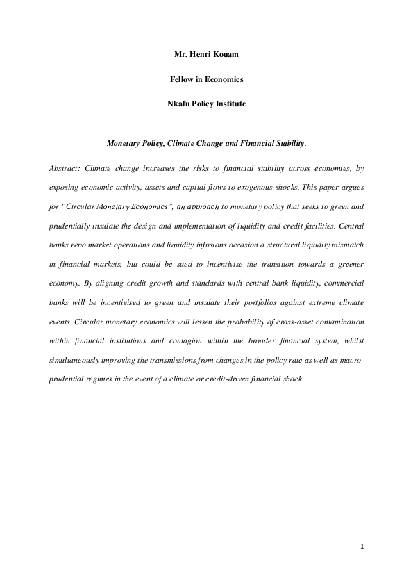 (PDF) Monetary Policy Climate Change and Financial Stability