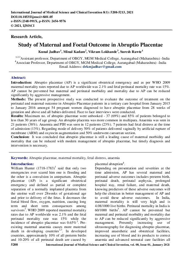 (PDF) Study of Maternal and Foetal Outcome in Abruptio Placentae