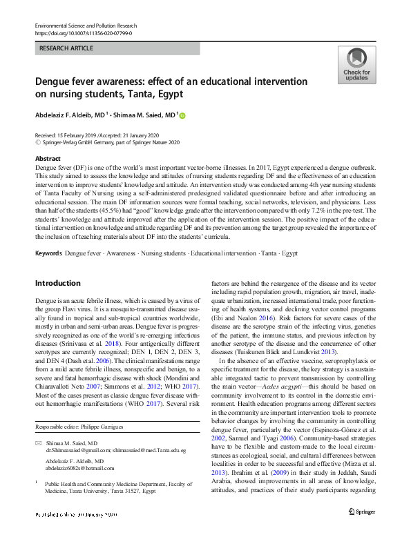 (PDF) Dengue fever awareness: effect of an educational intervention on ...
