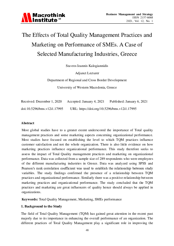 (PDF) The Effects of Total Quality Management Practices and Marketing ...
