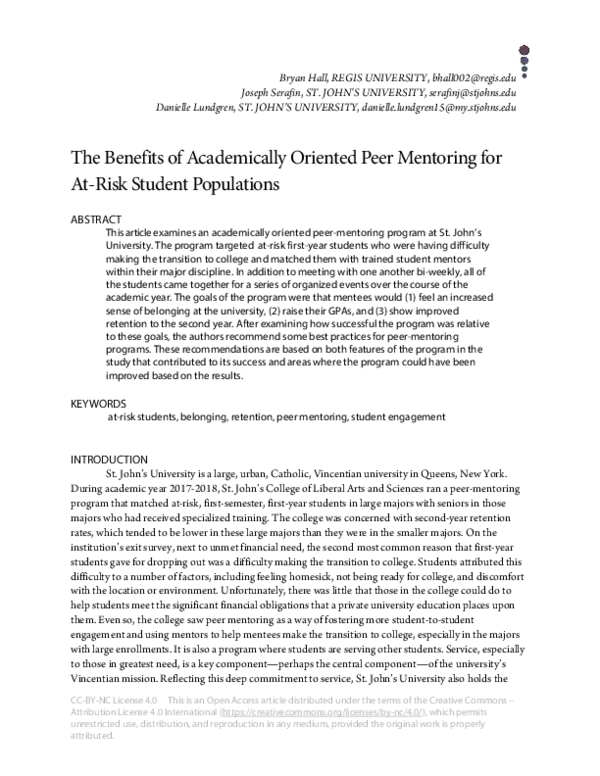 (PDF) The Benefits of Academically Oriented Peer Mentoring for At-Risk ...