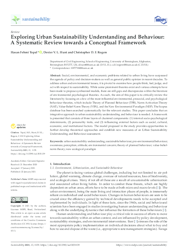 (PDF) Exploring Urban Sustainability Understanding and Behaviour: A ...
