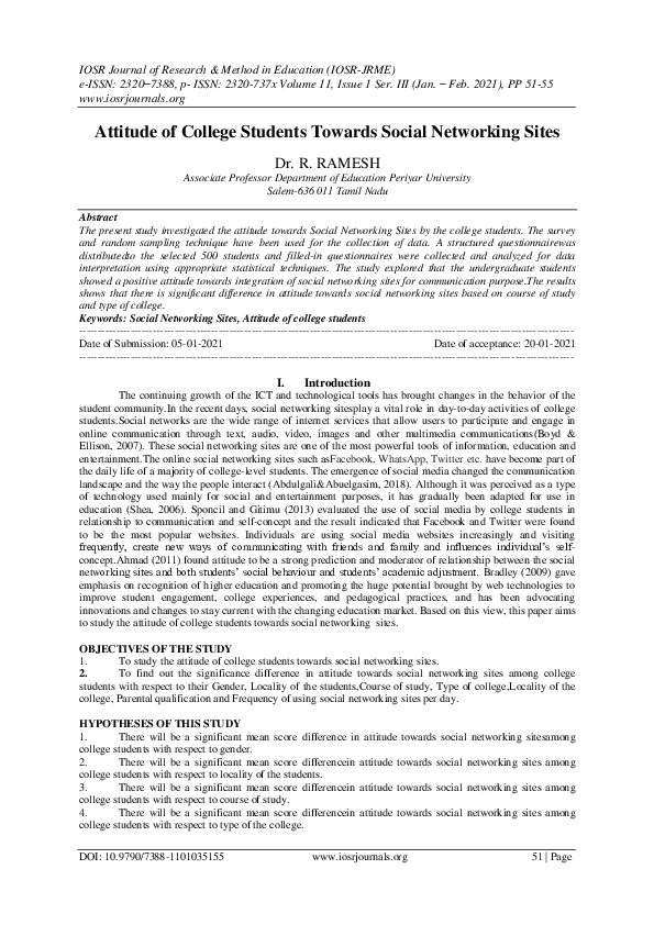 (PDF) Attitude of College Students Towards Social Networking Sites