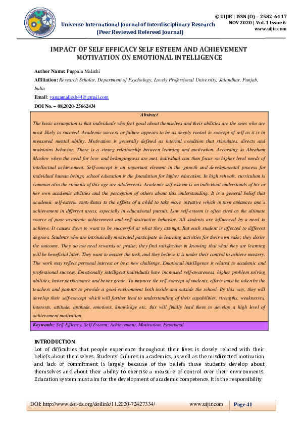 (PDF) IMPACT OF SELF EFFICACY SELF ESTEEM AND ACHIEVEMENT MOTIVATION ON ...