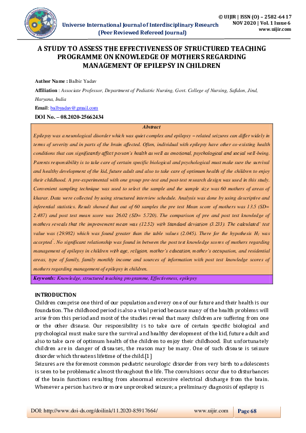 (PDF) A STUDY TO ASSESS THE EFFECTIVENESS OF STRUCTURED TEACHING ...