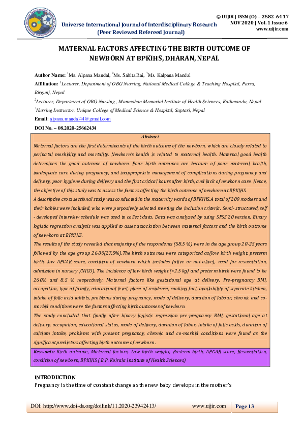 (PDF) MATERNAL FACTORS AFFECTING THE BIRTH OUTCOME OF NEWBORN AT BPKIHS ...