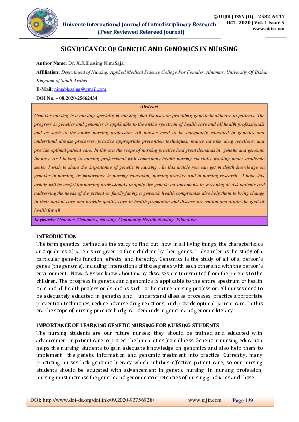 (PDF) SIGNIFICANCE OF GENETIC AND GENOMICS IN NURSING