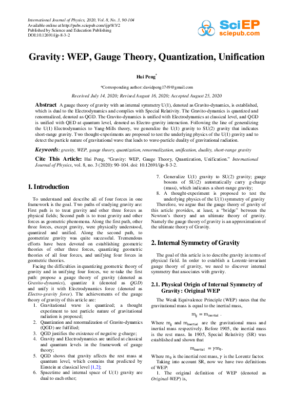 (PDF) Gravity: WEP, Gauge Theory, Quantization, Unification
