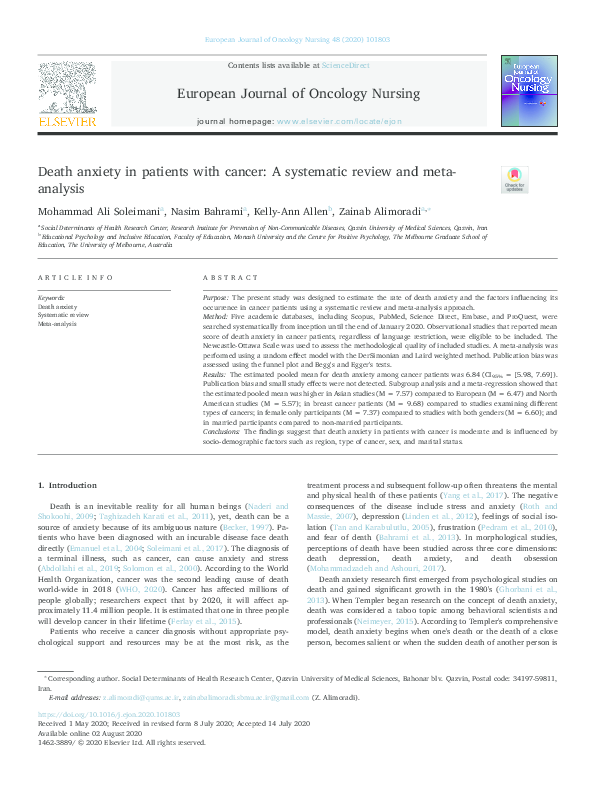 (PDF) Death Anxiety in Patients with Cancer: A Systematic Review and ...