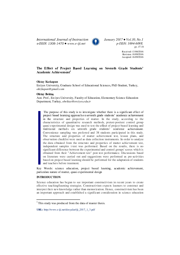 (PDF) The Effect of Project Based Learning on Seventh Grade Students ...