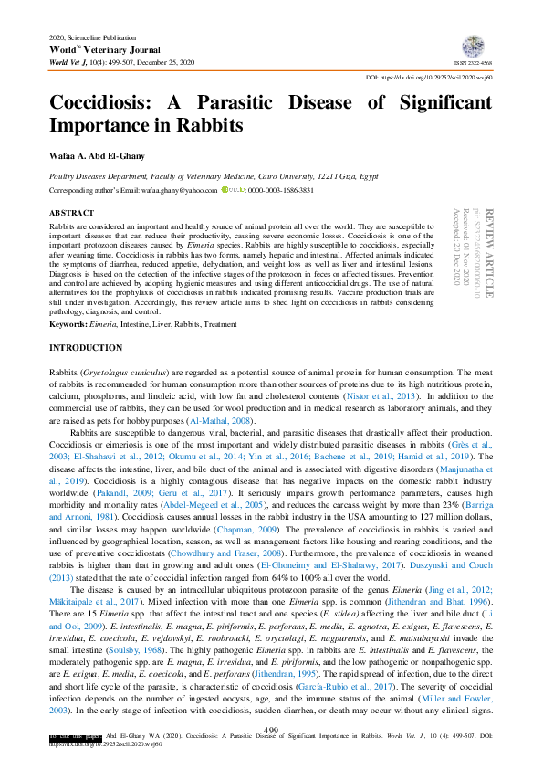 (PDF) Coccidiosis A Parasitic Disease of Significant Importance in Rabbits World's Veterinary
