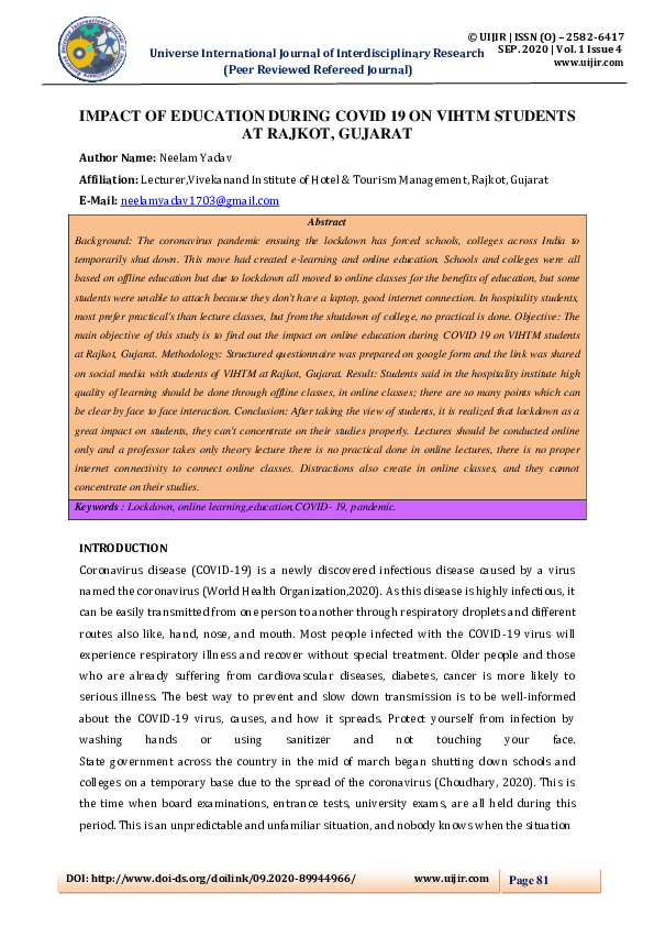 (PDF) IMPACT OF EDUCATION DURING COVID 19 ON VIHTM STUDENTS AT RAJKOT ...