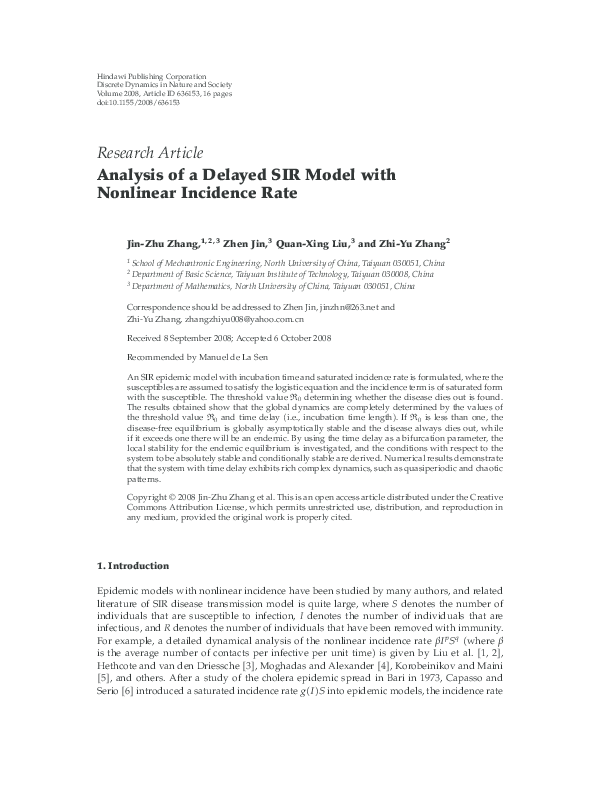 (PDF) Analysis of a Delayed SIR Model with Nonlinear Incidence Rate