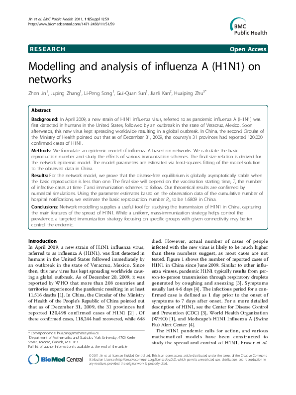 (PDF) Modelling and analysis of influenza A (H1N1) on networks