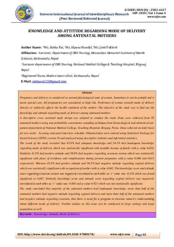 (PDF) KNOWLEDGE AND ATTITUDE REGARDING MODE OF DELIVERY AMONG ANTENATAL ...