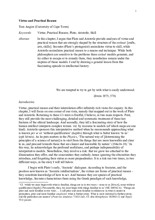 (DOC) Plato and Aristotle on Virtue and Practical Reason