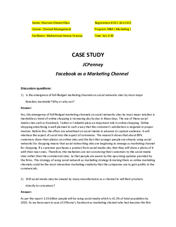 (DOC) CASE STUDY JCPenney Facebook as a Marketing Channel Discussion