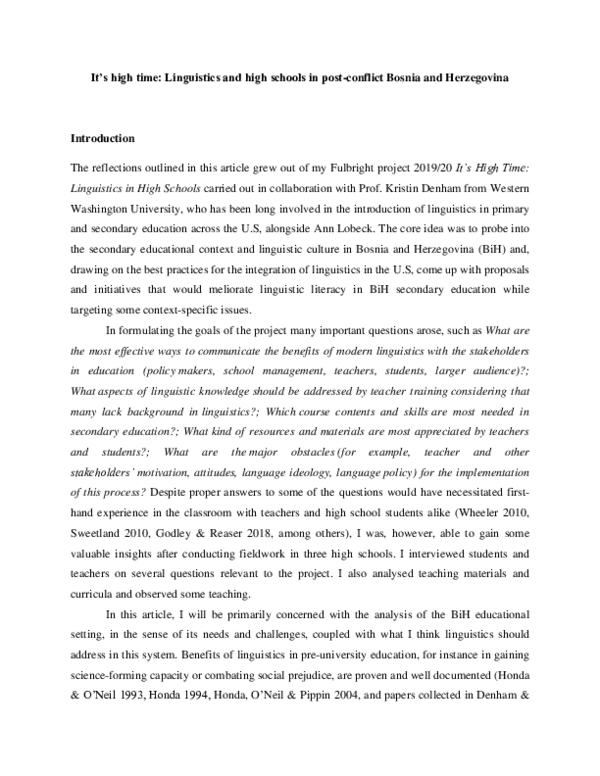 It's high time: Linguistics and high schools in post-conflict Bosnia and Herzegovina