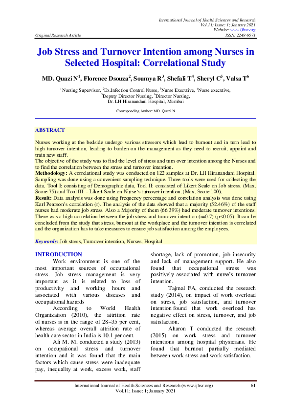 (PDF) Job Stress and Turnover Intention among Nurses in Selected ...