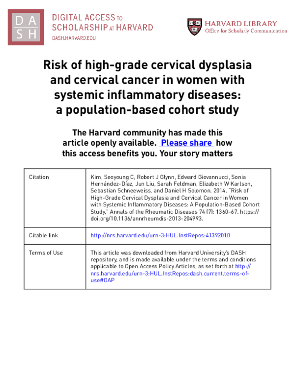 (PDF) Risk of high-grade cervical dysplasia and cervical cancer in ...