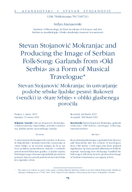 (PDF) Stevan Stojanović Mokranjac and Producing the Image of Serbian ...