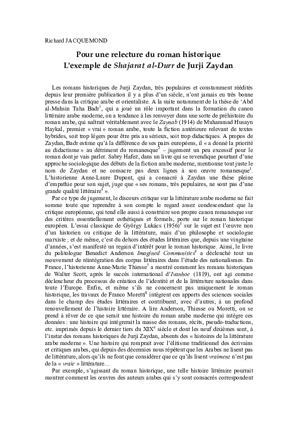 (PDF) Pour une relecture du roman historique. L'exemple de Shajarat al