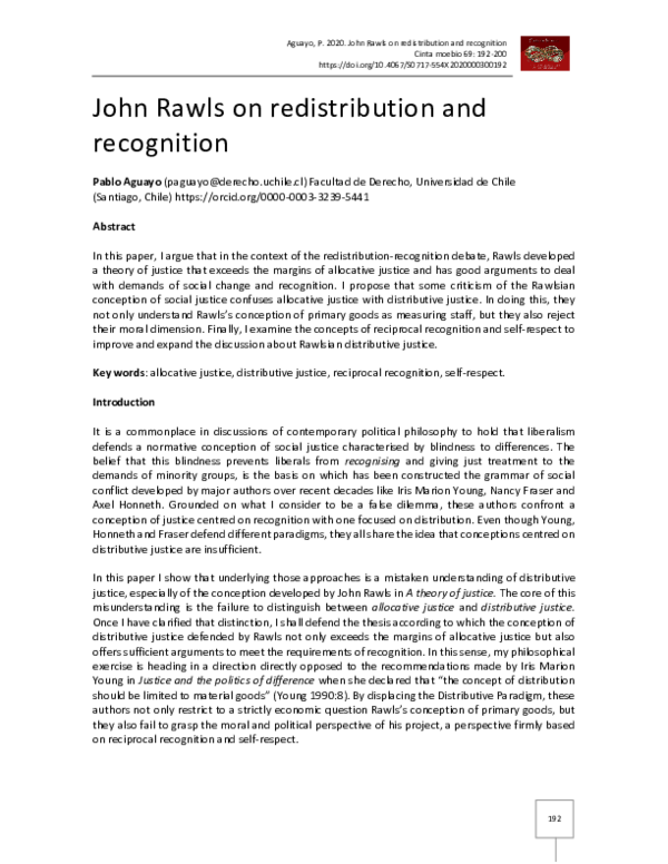 (PDF) John Rawls on redistribution and recognition