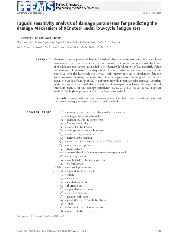 (PDF) Taguchi sensitivity analysis of damage parameters for predicting ...