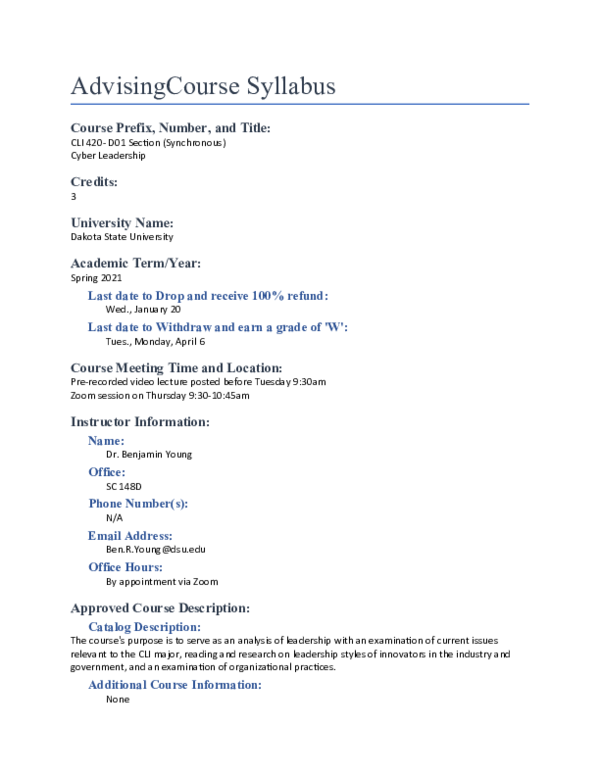 Doc Cyber Leadership Syllabus Spring 2021 Benjamin R Young Academia Edu