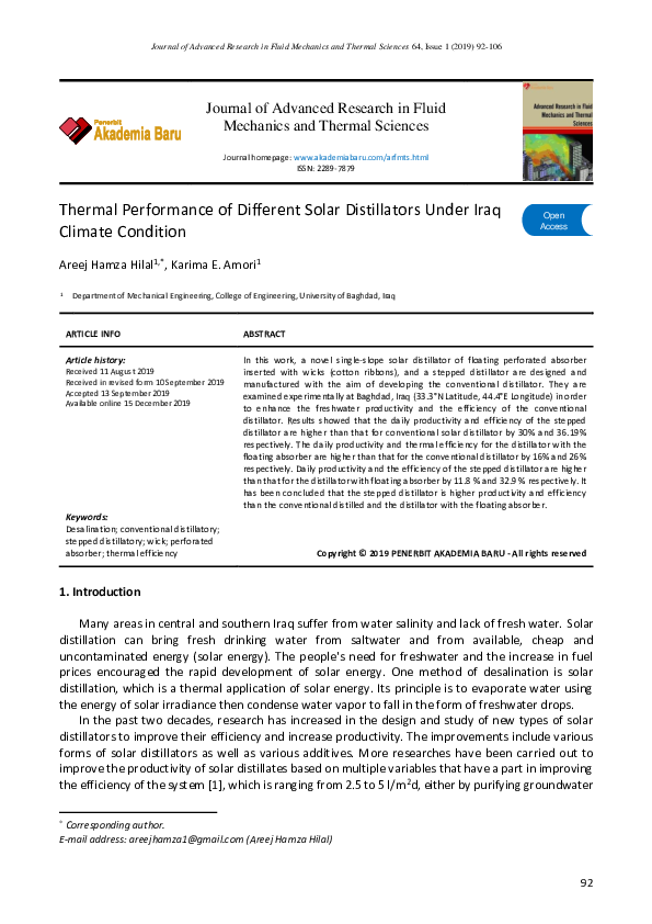 (PDF) Thermal Performance of Different Solar Distillators Under Iraq ...
