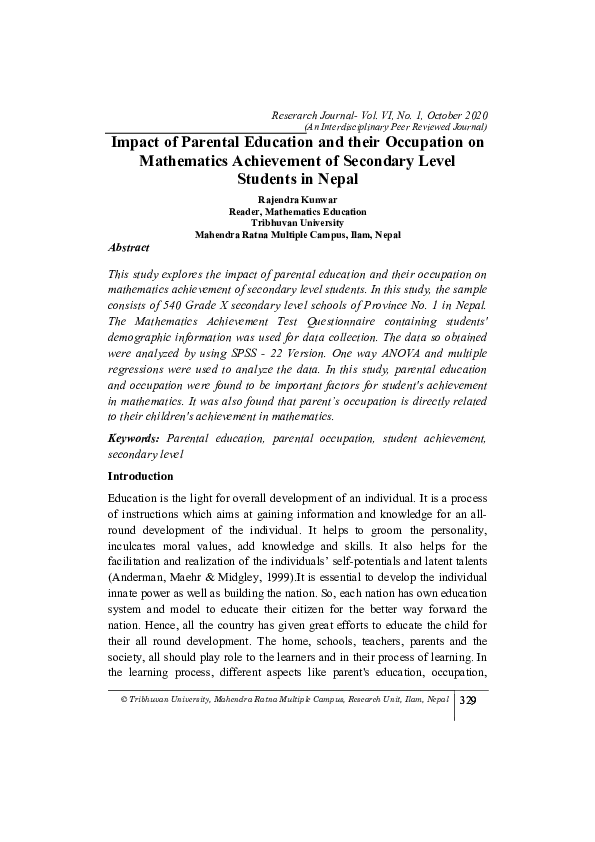 (PDF) Impact of Parental Education and their Occupation on Mathematics ...