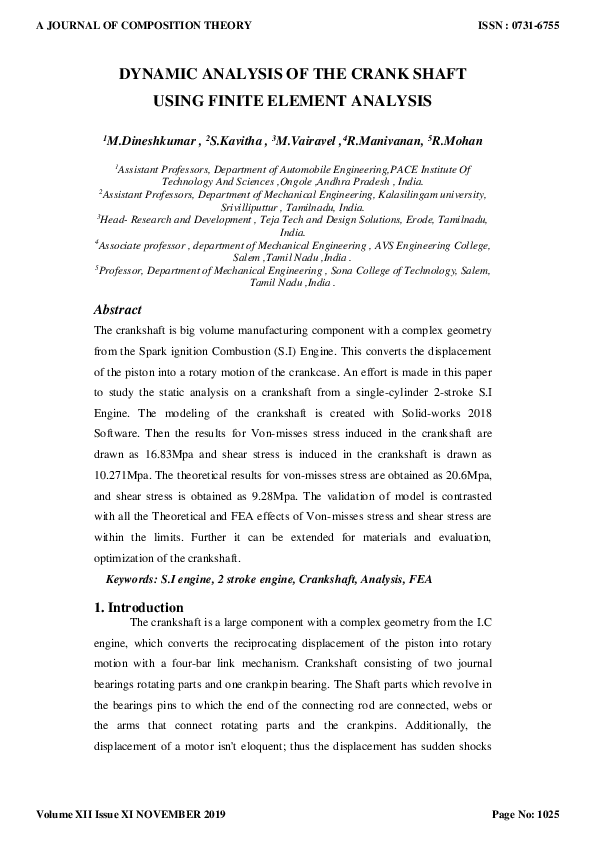 (PDF) DYNAMIC ANALYSIS OF THE CRANK SHAFT USING FINITE ELEMENT ANALYSIS