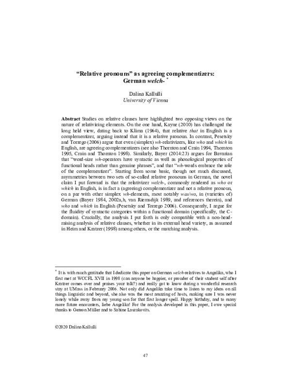 (PDF) “Relative pronouns” as agreeing complementizers: German welch-