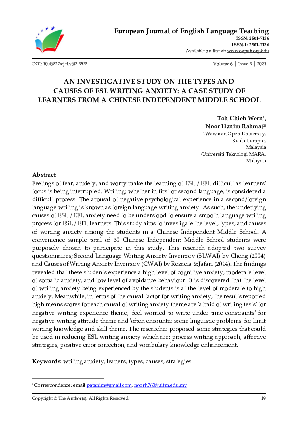 (PDF) AN INVESTIGATIVE STUDY ON THE TYPES AND CAUSES OF ESL WRITING ...