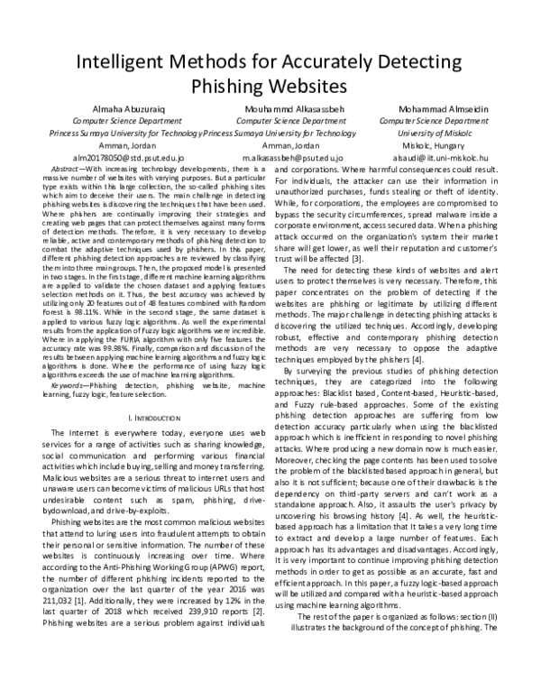 (PDF) Intelligent Methods for Accurately Detecting Phishing Websites