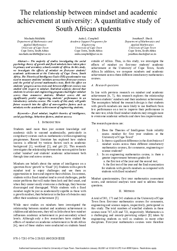 PDF) The relationship between mindset and academic achievement at