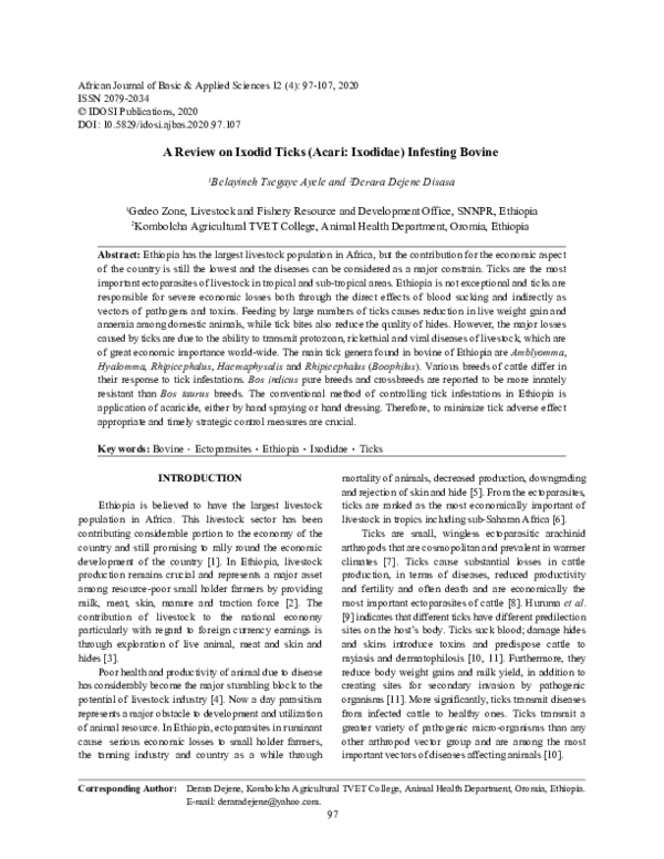 (PDF) A Review on Ixodid Ticks (Acari: Ixodidae) Infesting Bovine