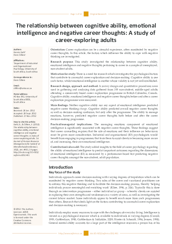(PDF) The relationship between cognitive ability, emotional ...