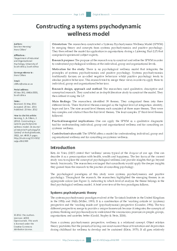 (PDF) Constructing a systems psychodynamic wellness model