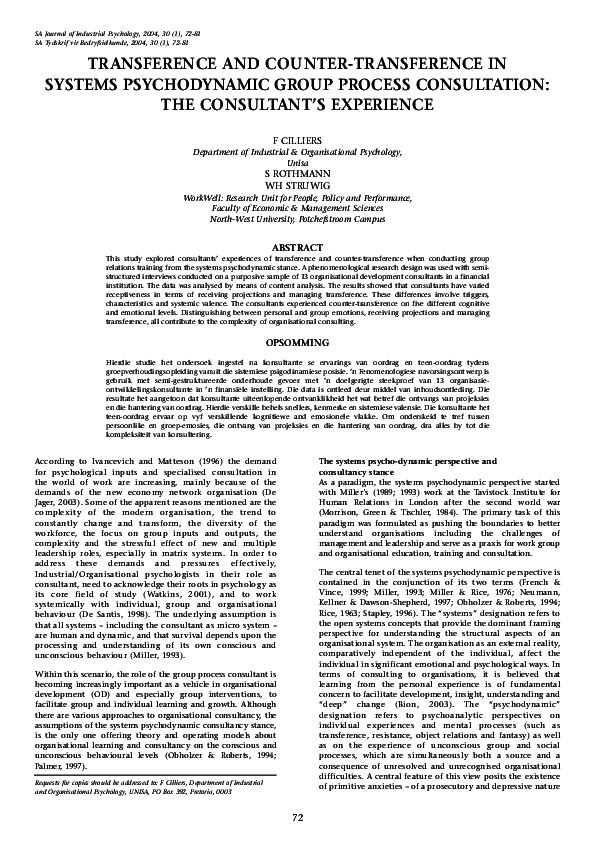 (PDF) Transference and counter-transference in systems psychodynamic ...