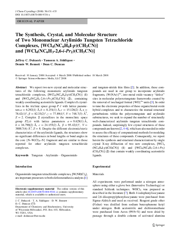 (PDF) The Synthesis, Crystal, and Molecular Structure of Two ...