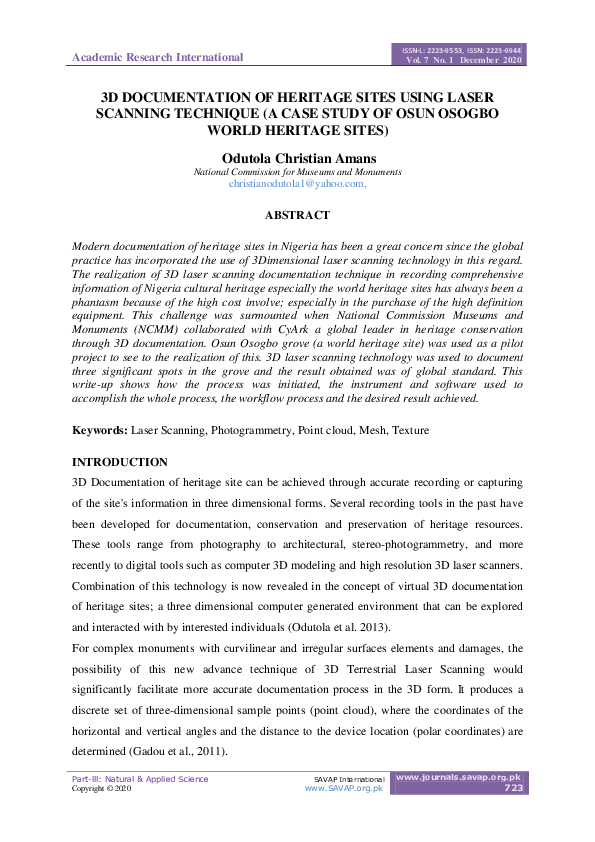(PDF) 3D DOCUMENTATION OF HERITAGE SITES USING LASER SCANNING TECHNIQUE ...