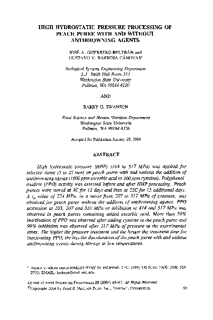 (PDF) High Hydrostatic Pressure Processing of Peach Puree with and ...