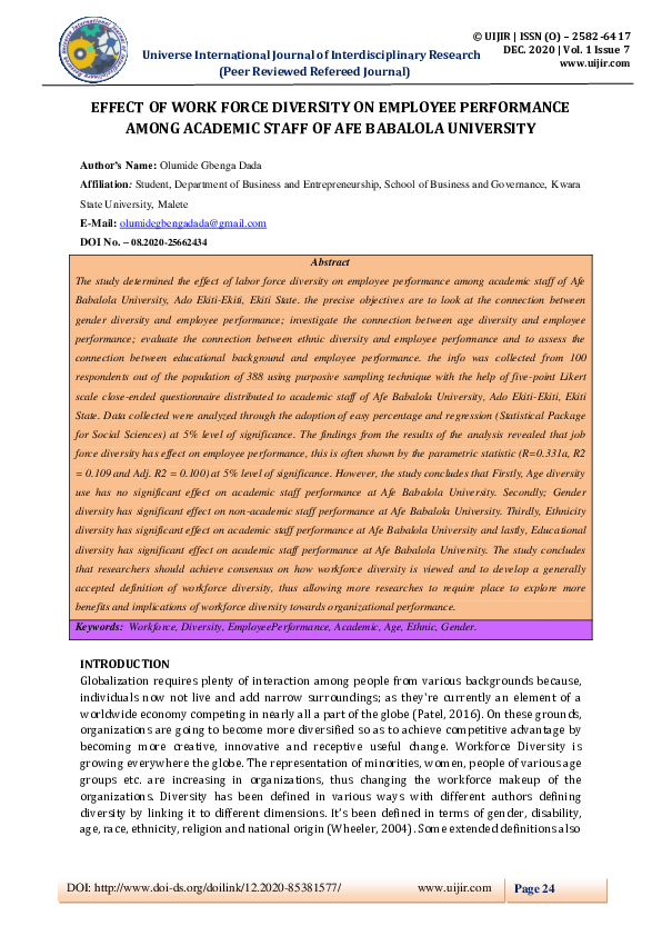 (PDF) EFFECT OF WORK FORCE DIVERSITY ON EMPLOYEE PERFORMANCE AMONG ...