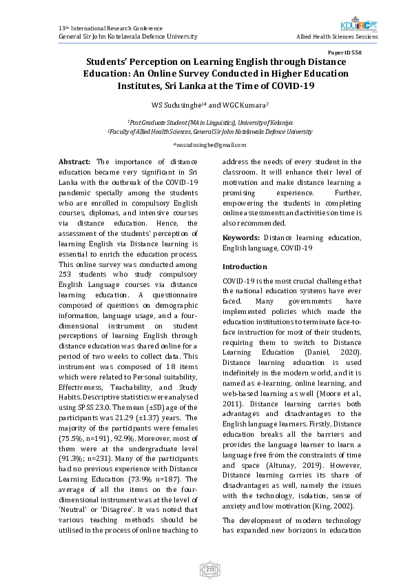(PDF) Students' Perception on Learning English through Distance ...
