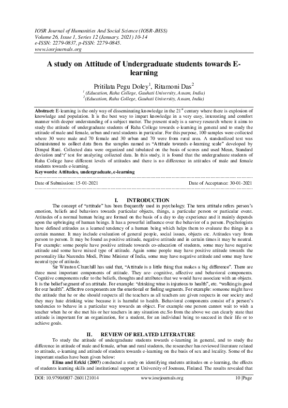 (PDF) A study on Attitude of Undergraduate students towards E- learning