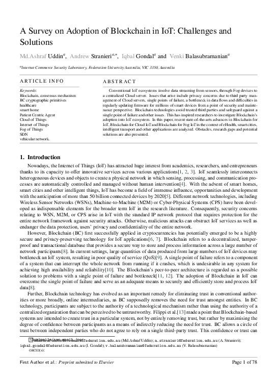 (PDF) A Survey of the Adoption of Blockchain in IoT: Challenges and ...