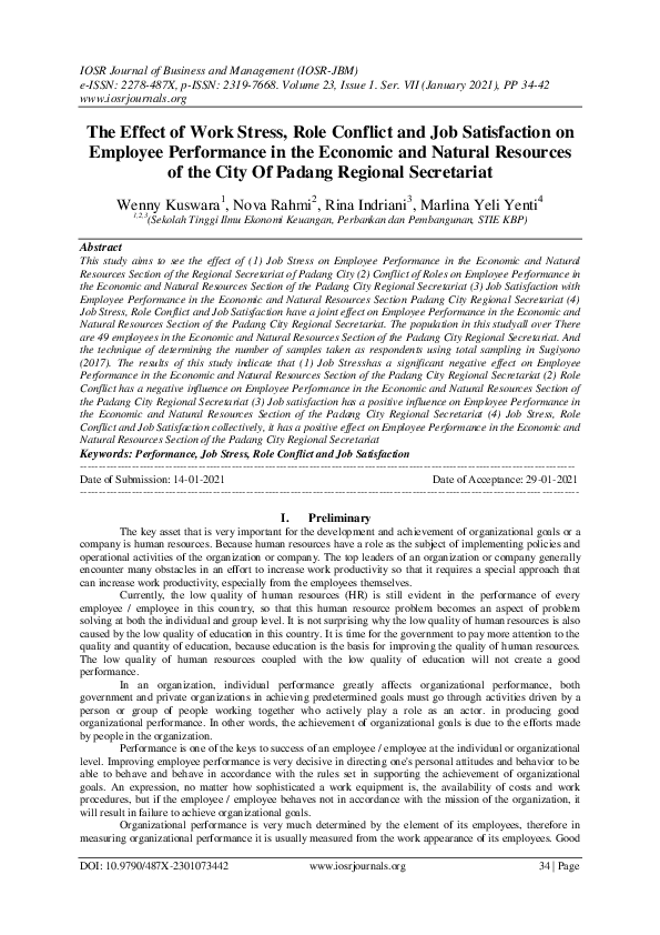(PDF) The Effect of Work Stress, Role Conflict and Job Satisfaction on ...
