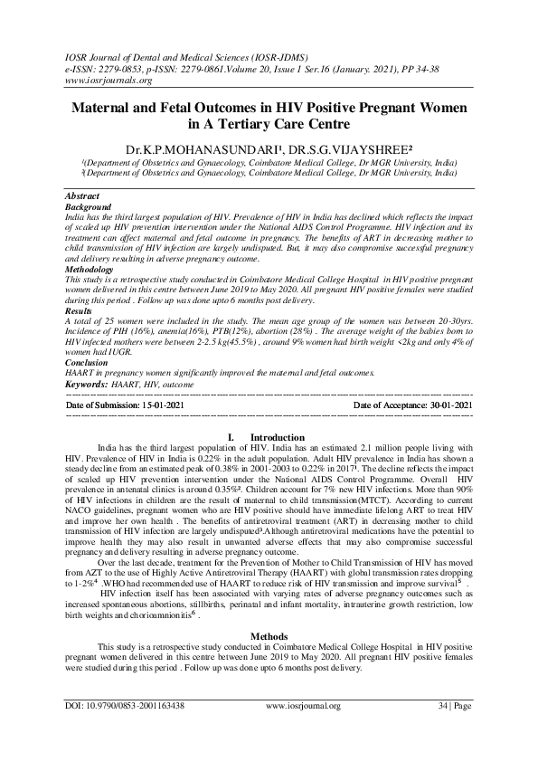 (PDF) Maternal and Fetal Outcomes in HIV Positive Pregnant Women in A ...
